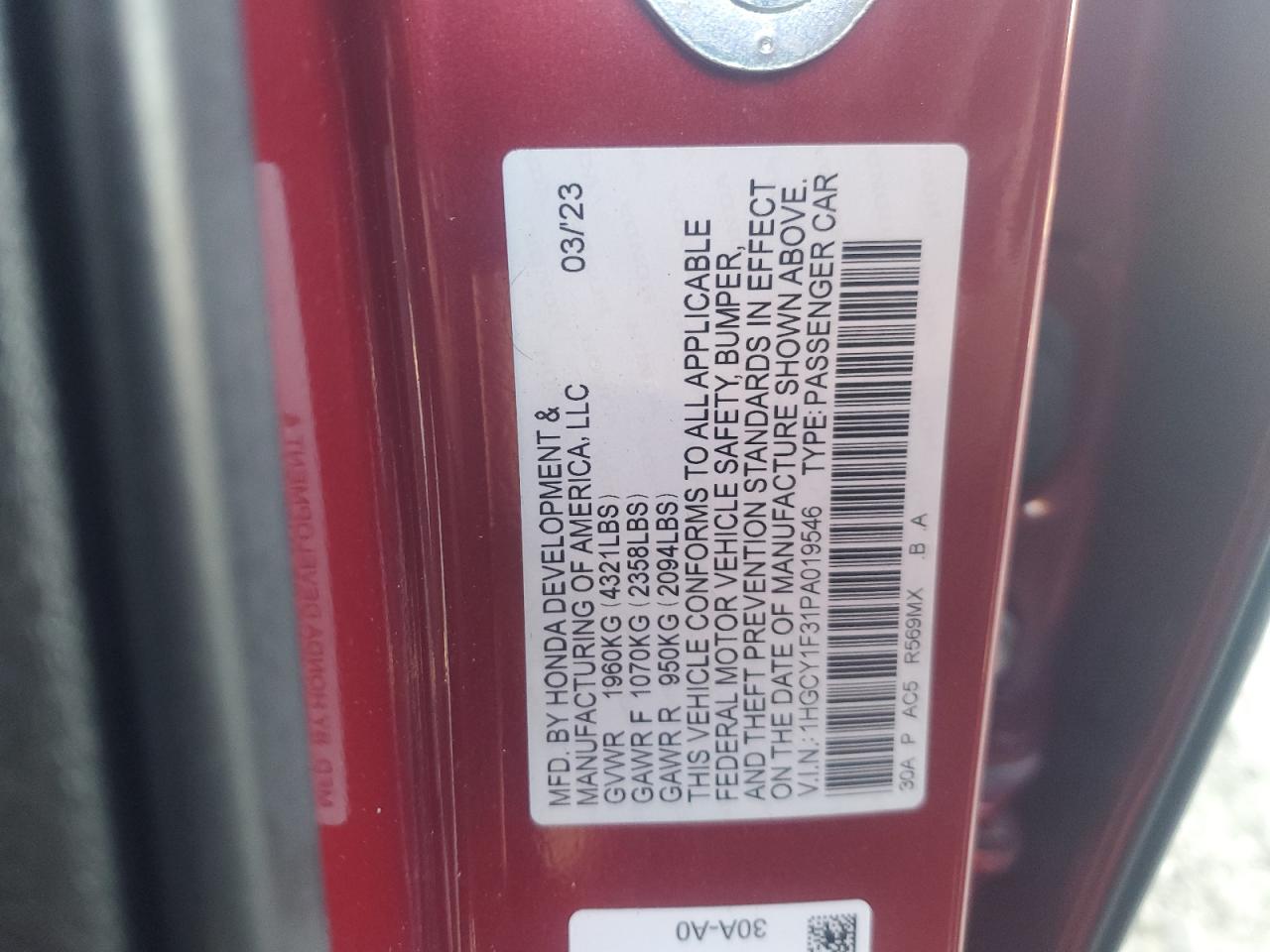 2023 HONDA ACCORD EX VIN:2T3WFREVXJW450320