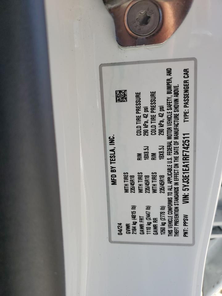 2024 TESLA MODEL 3  VIN:5YJ3E1EA1RF742511