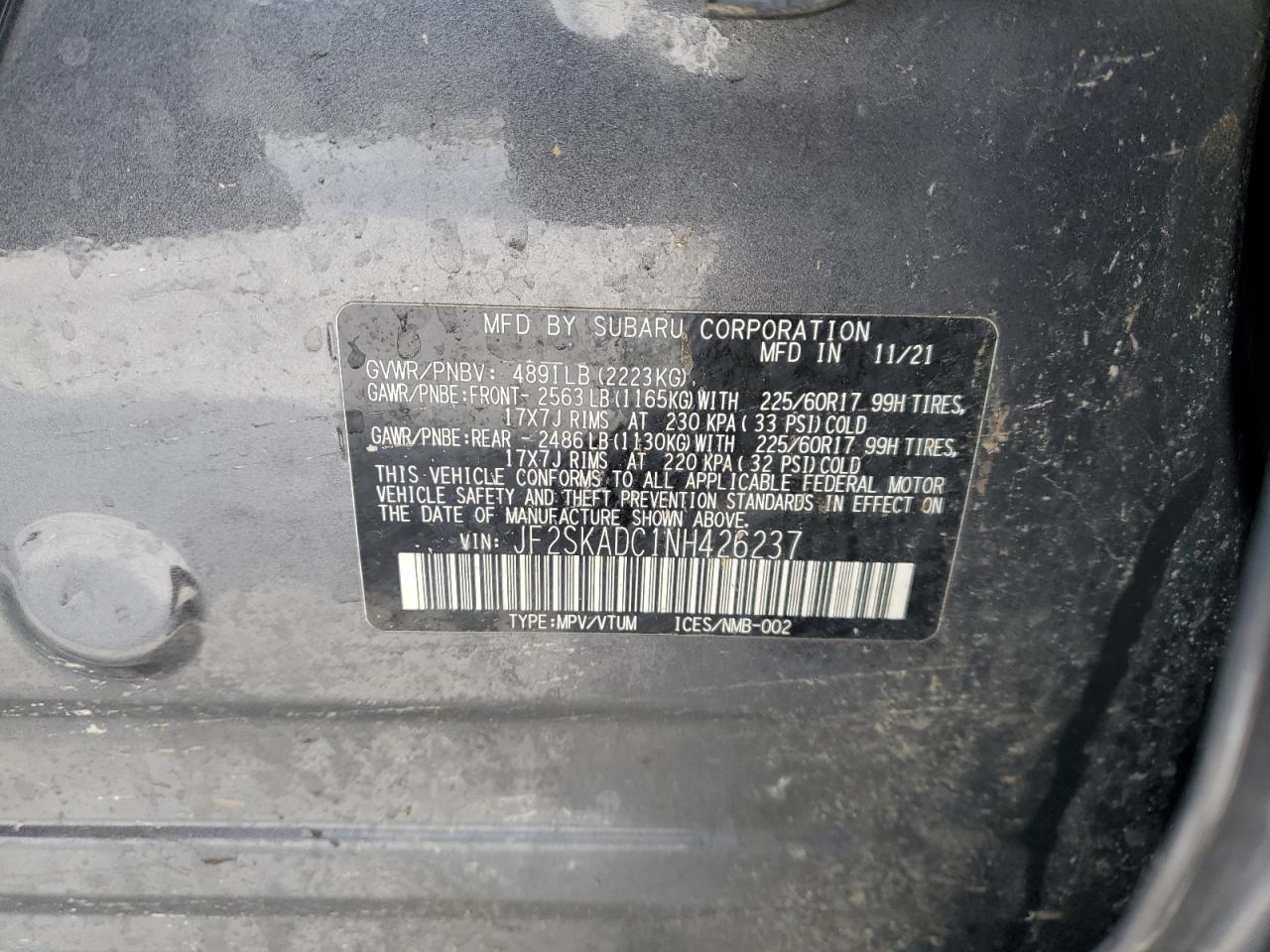 2022 SUBARU FORESTER PREMIUM VIN:JF2SKADC1NH426237