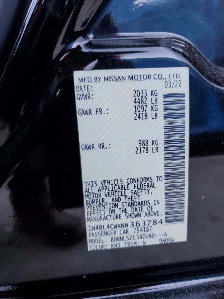 2022 NISSAN ALTIMA SR VIN:1N4BL4CWXNN363784