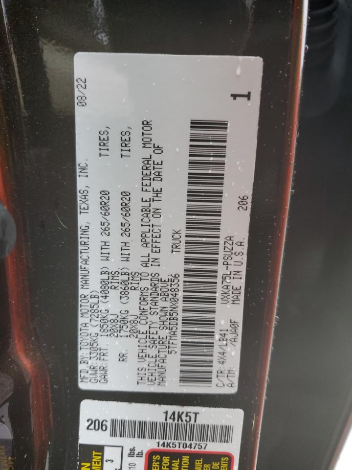 2022 TOYOTA TUNDRA CREWMAX PLATINUM VIN:5TFMA5DB5NX048356