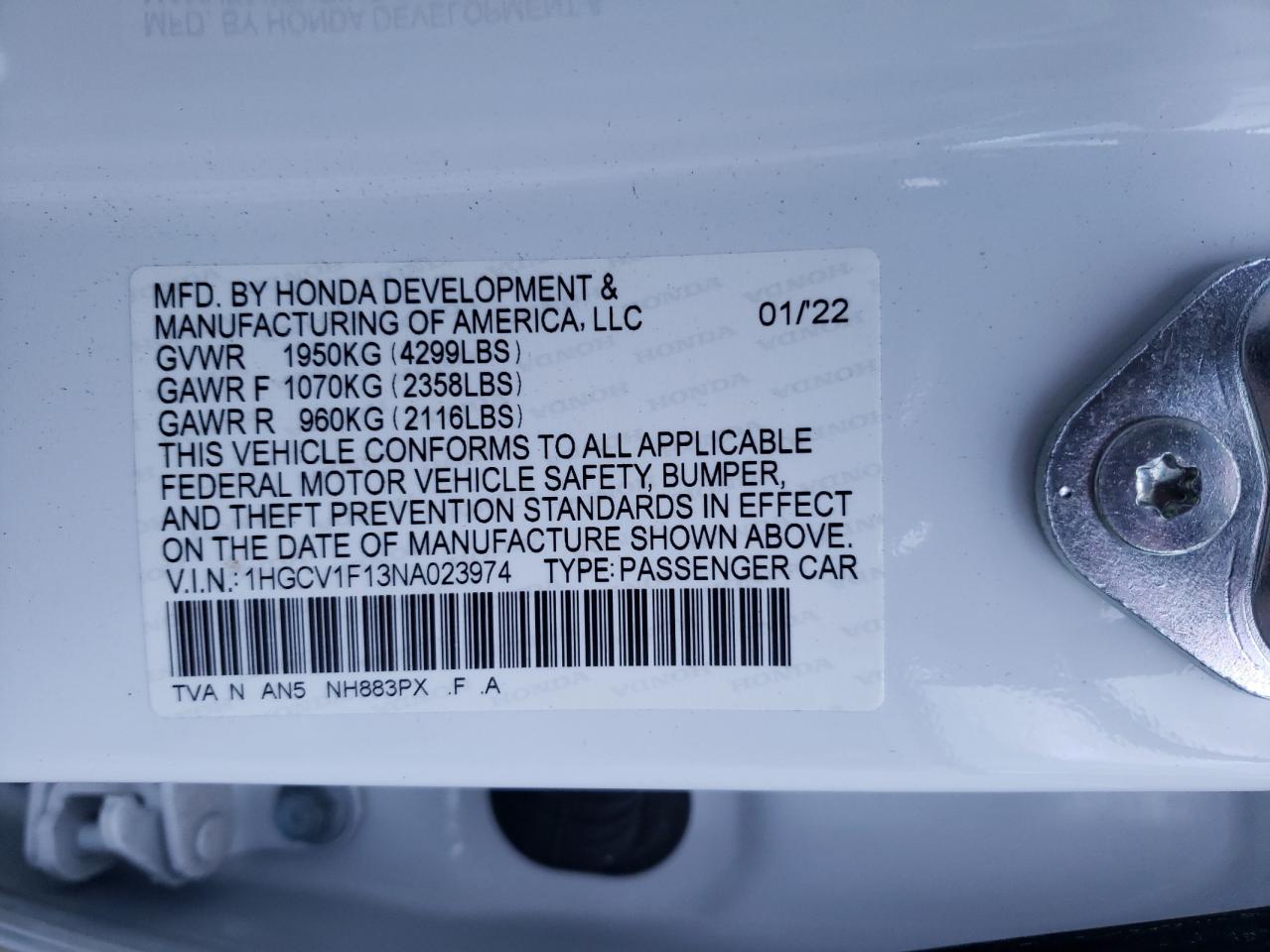 2022 HONDA ACCORD LX VIN:1HGCV1F13NA023974