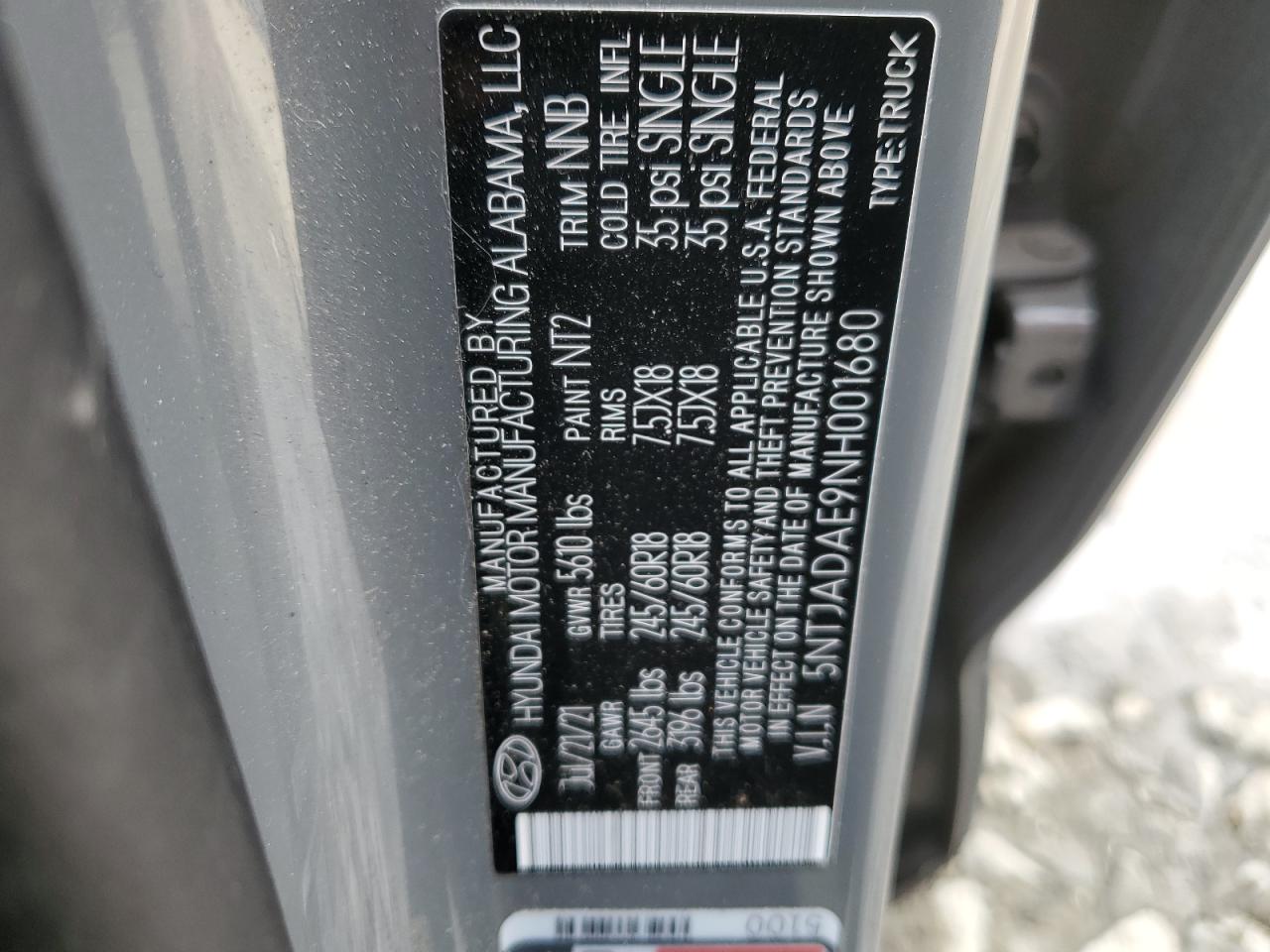 2022 HYUNDAI SANTA CRUZ SE VIN:5NTJADAE9NH001680