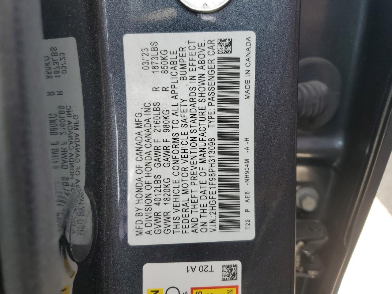 2023 HONDA CIVIC TOURING VIN:2HGFE1F98PH313098