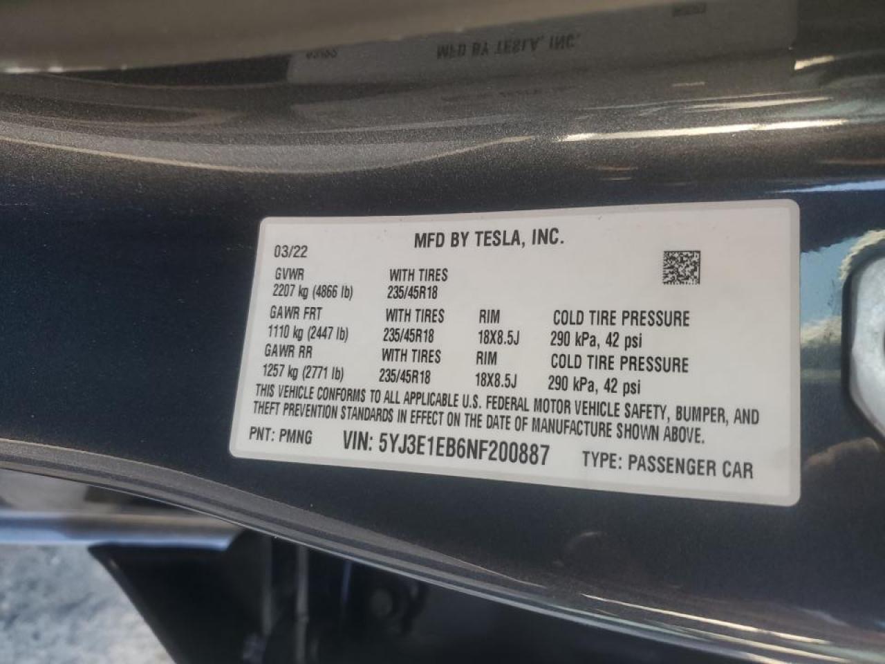 2022 TESLA MODEL 3  VIN:5YJ3E1EB6NF200887