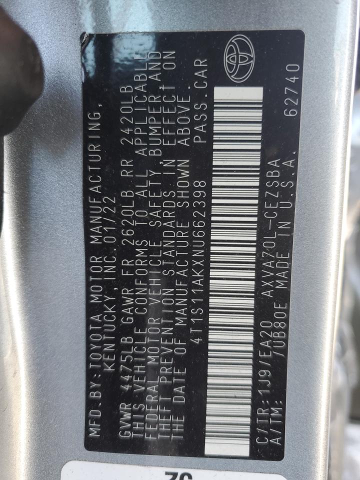 2022 TOYOTA CAMRY NIGHT SHADE VIN:4T1S11AKXNU662398