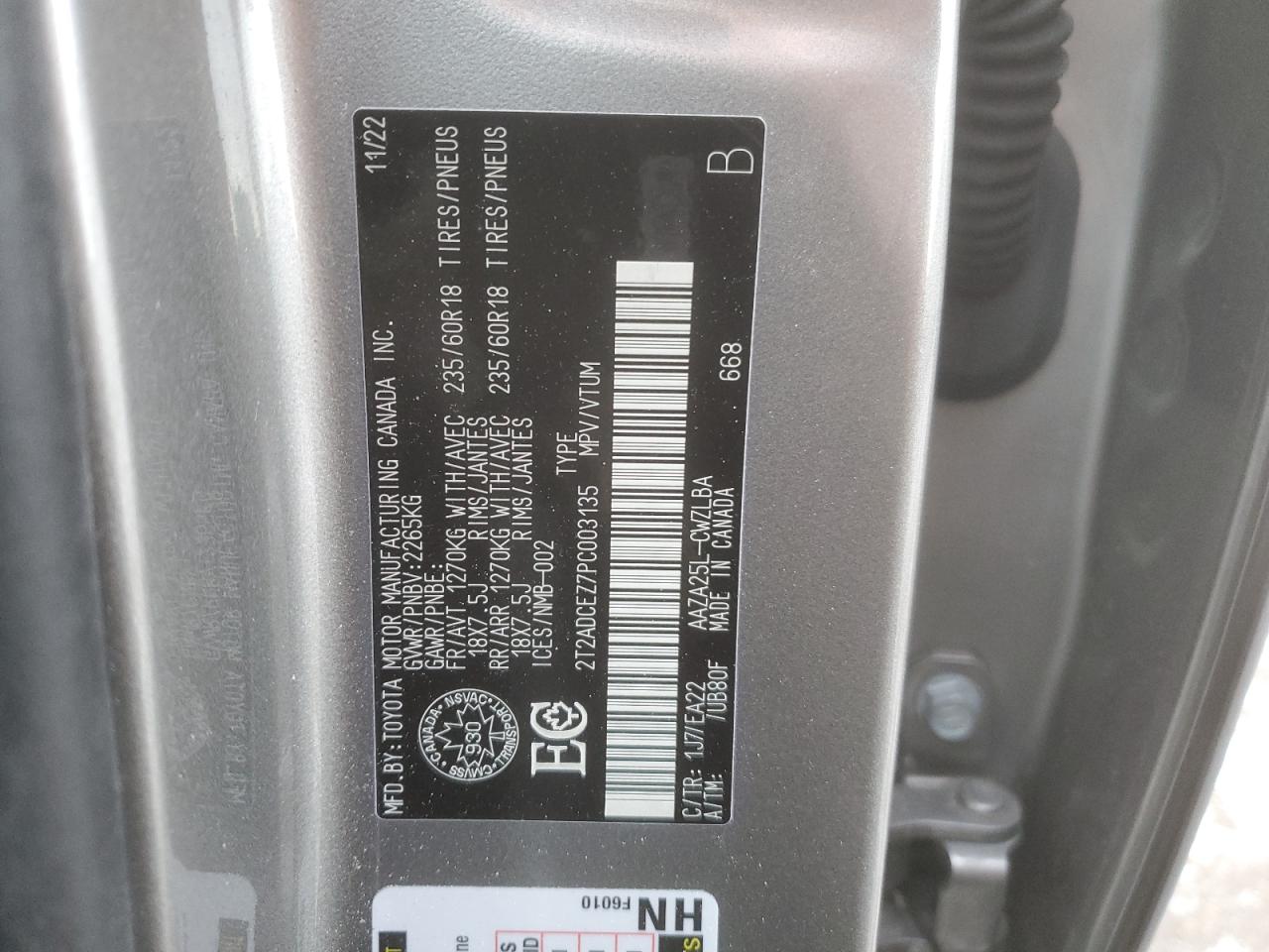 2023 LEXUS NX 250 VIN:2T2ADCEZ7PC003135