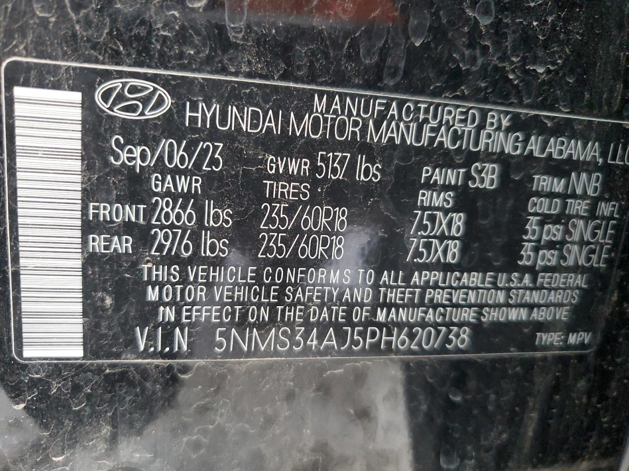 2023 HYUNDAI SANTA FE SEL PREMIUM VIN:5NMS34AJ5PH620738