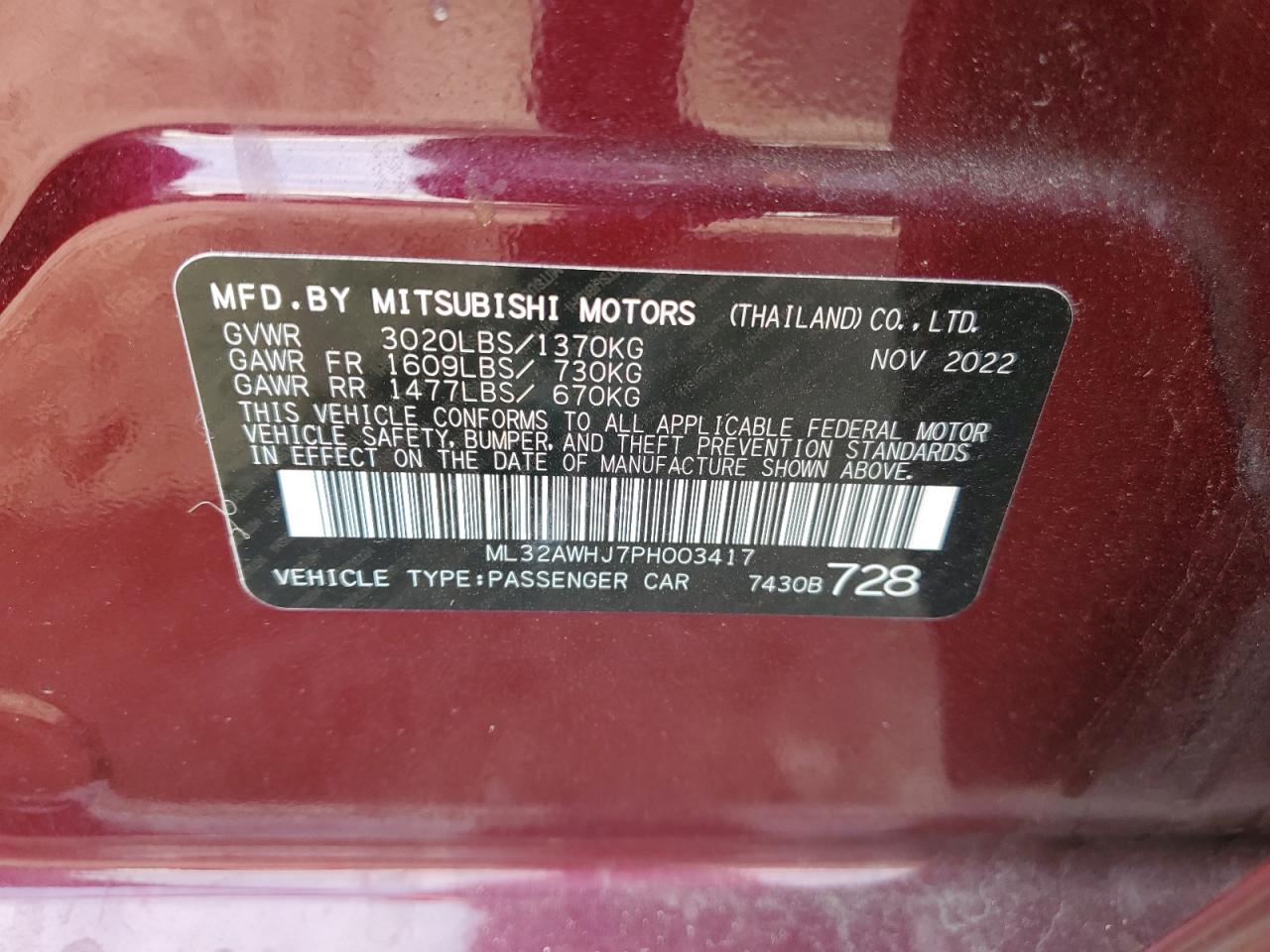 2023 MITSUBISHI MIRAGE SE VIN:ML32AWHJ7PH003417