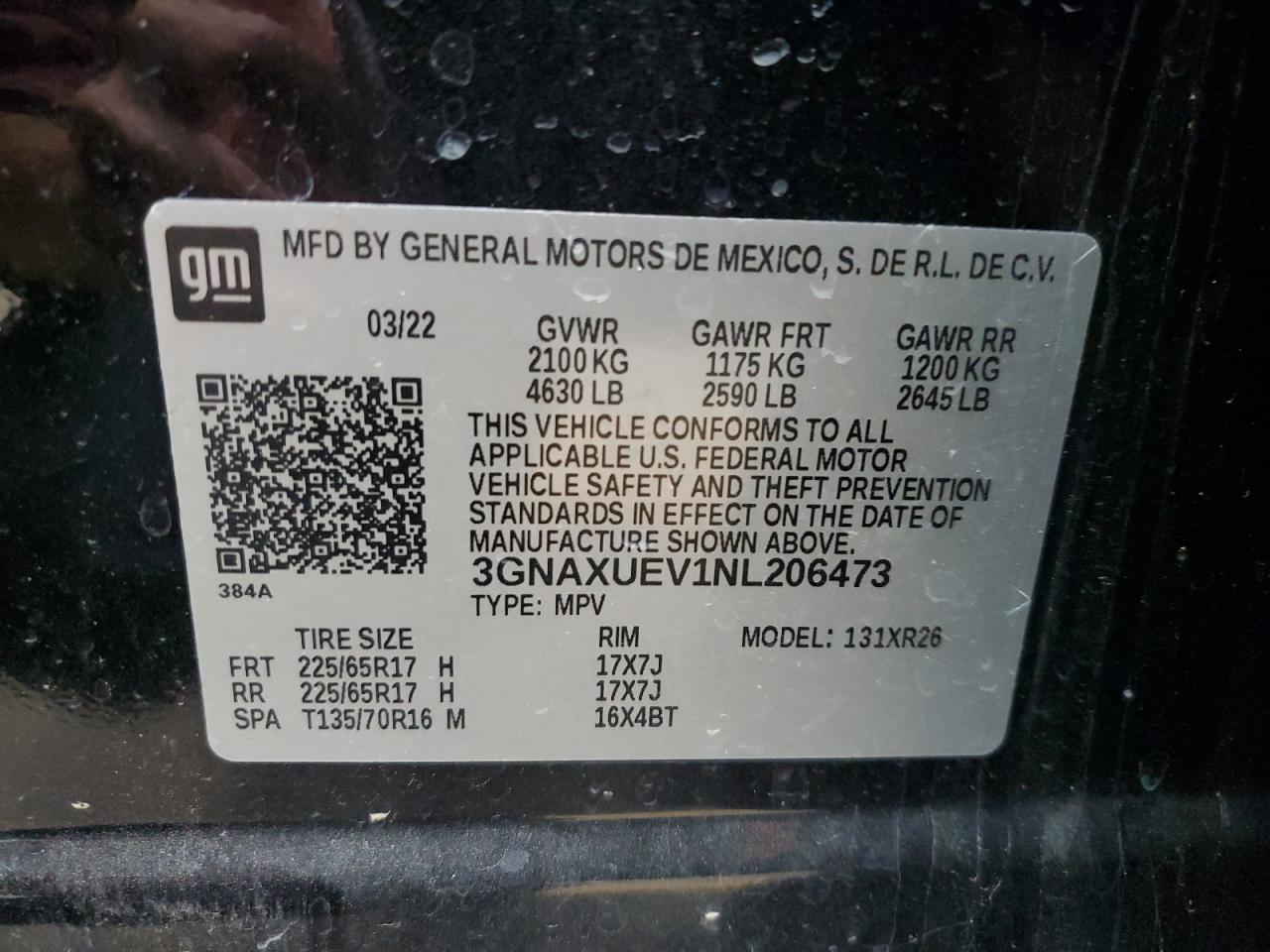 2022 CHEVROLET EQUINOX LT VIN:3GNAXUEV1NL206473