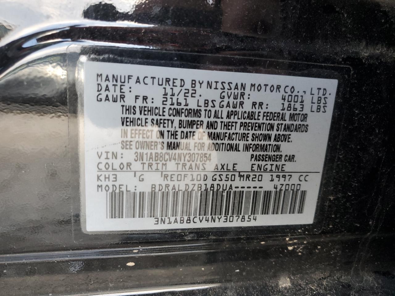 2022 NISSAN SENTRA SV VIN:3N1AB8CV4NY307854