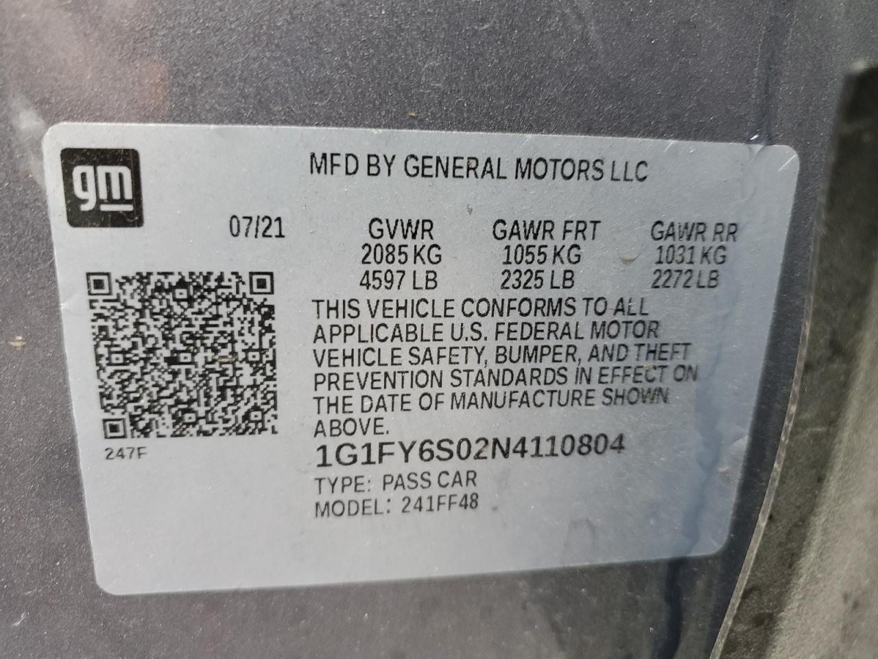 2022 CHEVROLET BOLT EUV LT VIN:1G1FY6S02N4110804