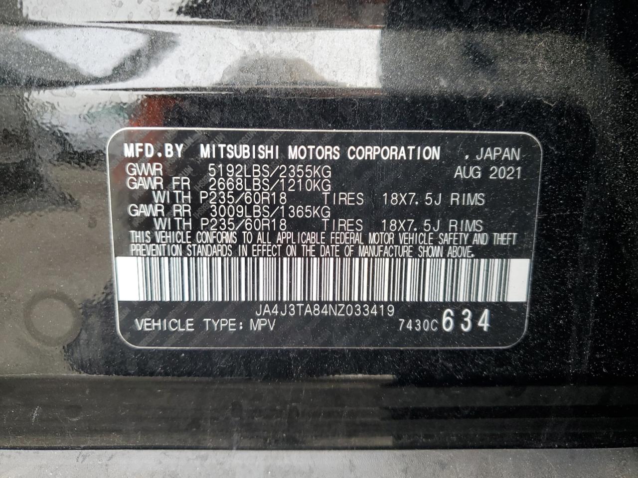 2022 MITSUBISHI OUTLANDER ES VIN:JA4J3TA84NZ033419