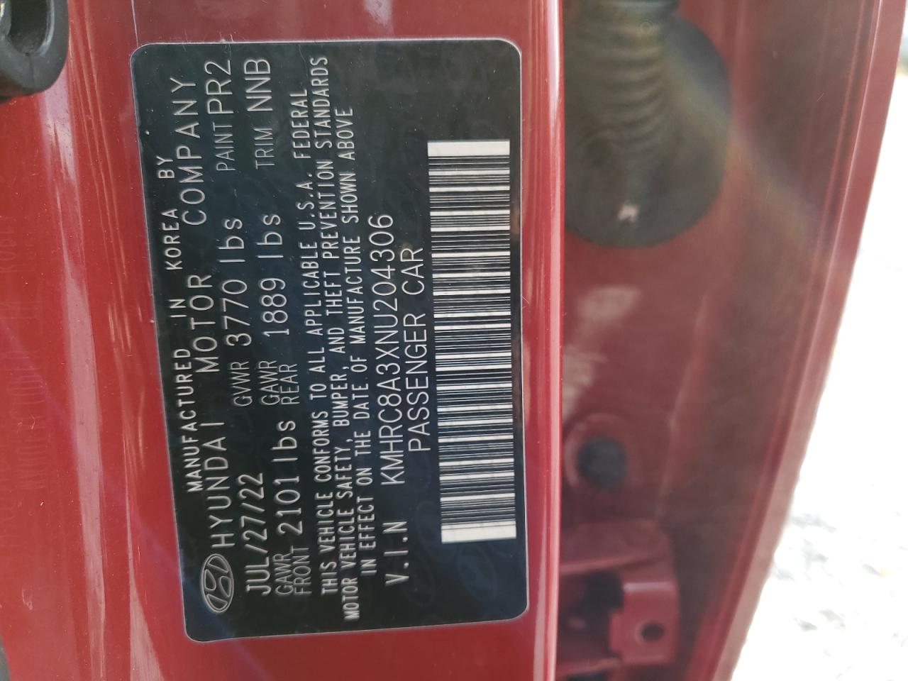 2022 HYUNDAI VENUE SEL VIN:KMHRC8A3XNU204306