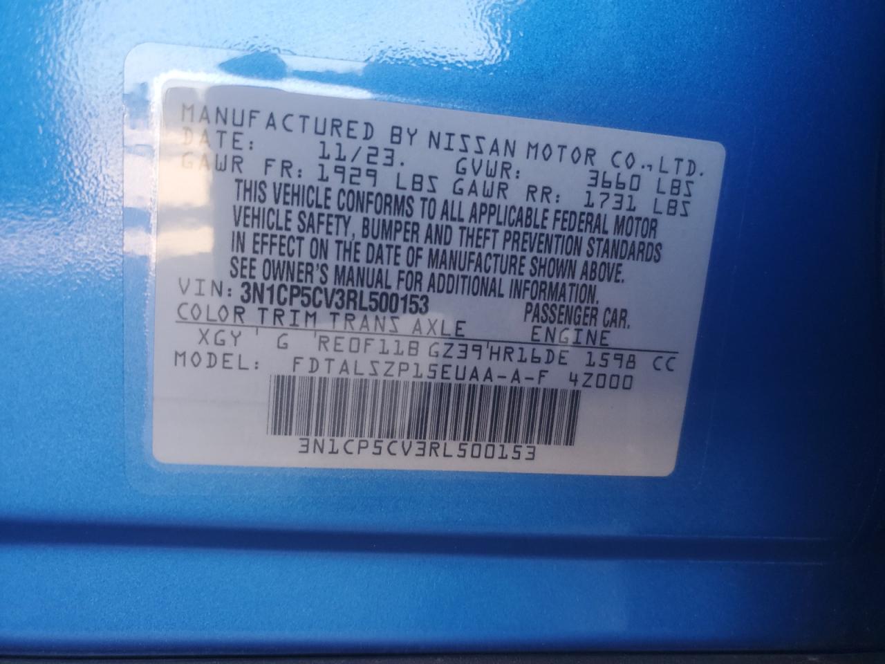 2024 NISSAN KICKS SV VIN:3N1CP5CV3RL500153