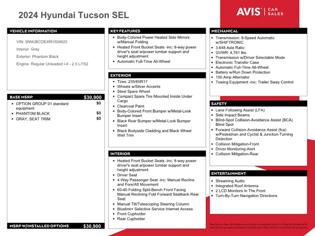 2024 HYUNDAI TUCSON SEL VIN:5NMJBCDE4RH308825