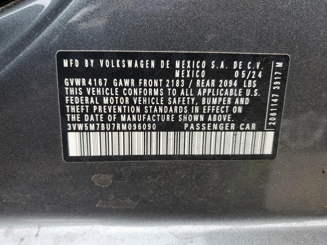 2024 VOLKSWAGEN JETTA S VIN:3VW5M7BU7RM096090