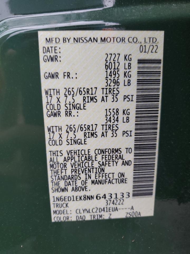 2022 NISSAN FRONTIER S VIN:1N6ED1EK8NN643133