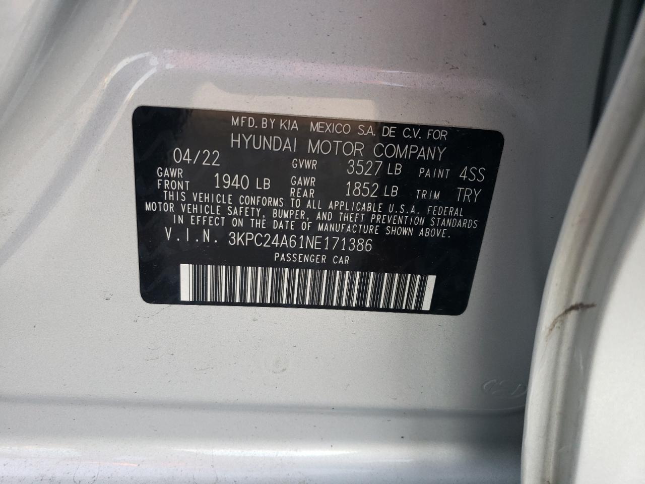 2022 HYUNDAI ACCENT SE VIN:3KPC24A61NE171386