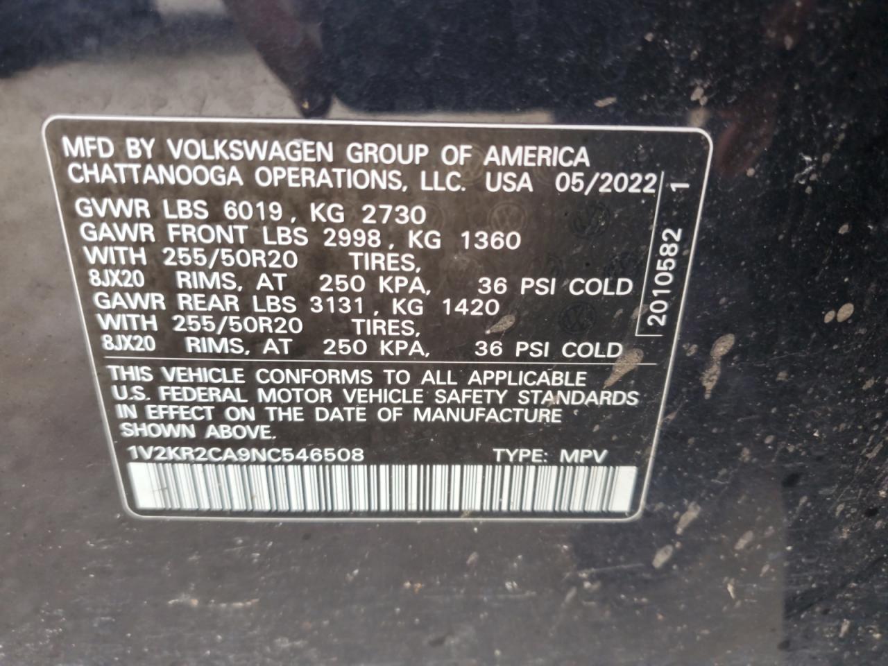 2022 VOLKSWAGEN ATLAS SE VIN:1V2KR2CA9NC546508