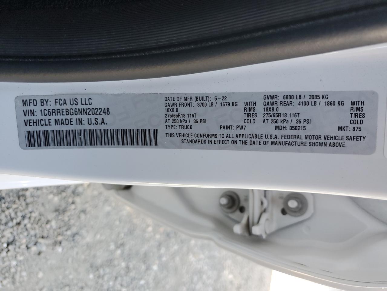 2022 RAM 1500 BIG HORN/LONE STAR VIN:1C6RREBG6NN202248