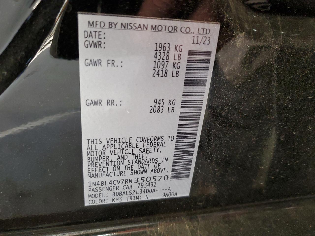 2024 NISSAN ALTIMA SR VIN:1N4BL4CV7RN350570