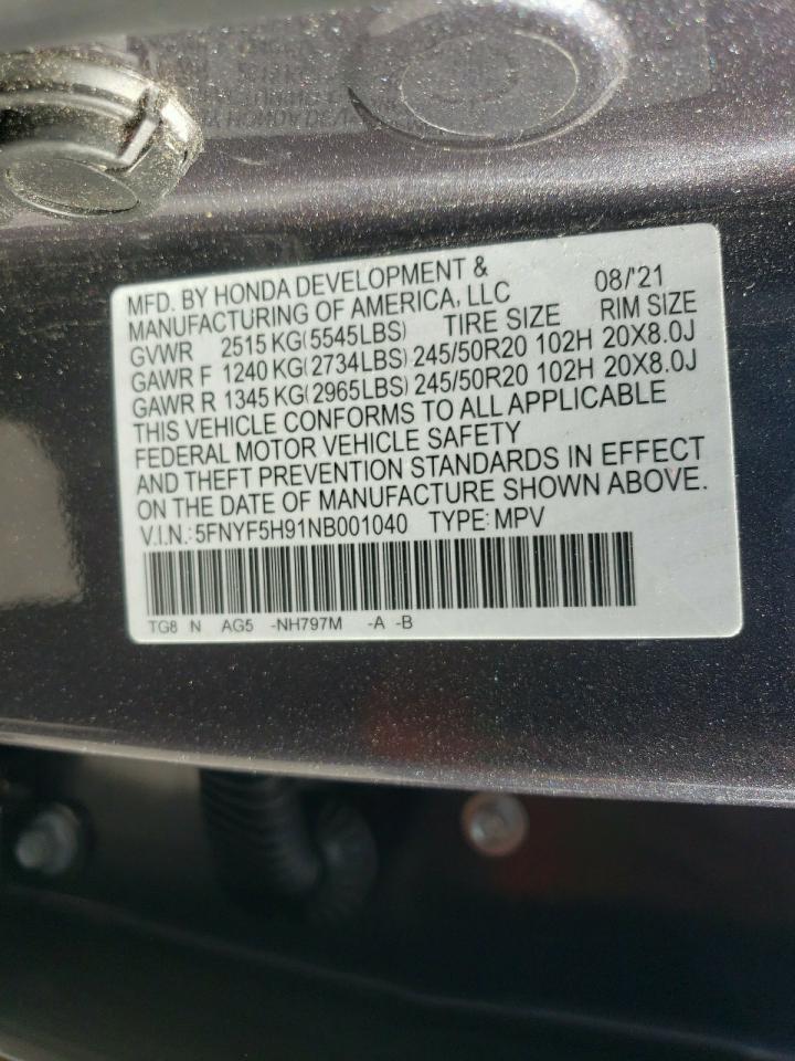 2022 HONDA PILOT TOURING VIN:5FNYF5H91NB001040