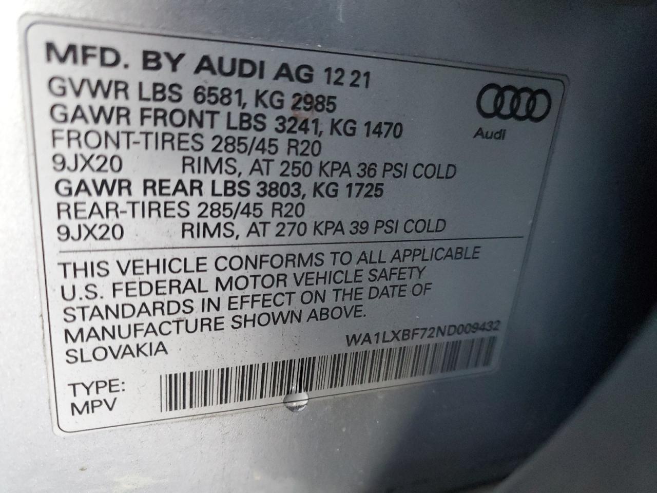 2022 AUDI Q7 PREMIUM PLUS VIN:WA1LXBF72ND009432