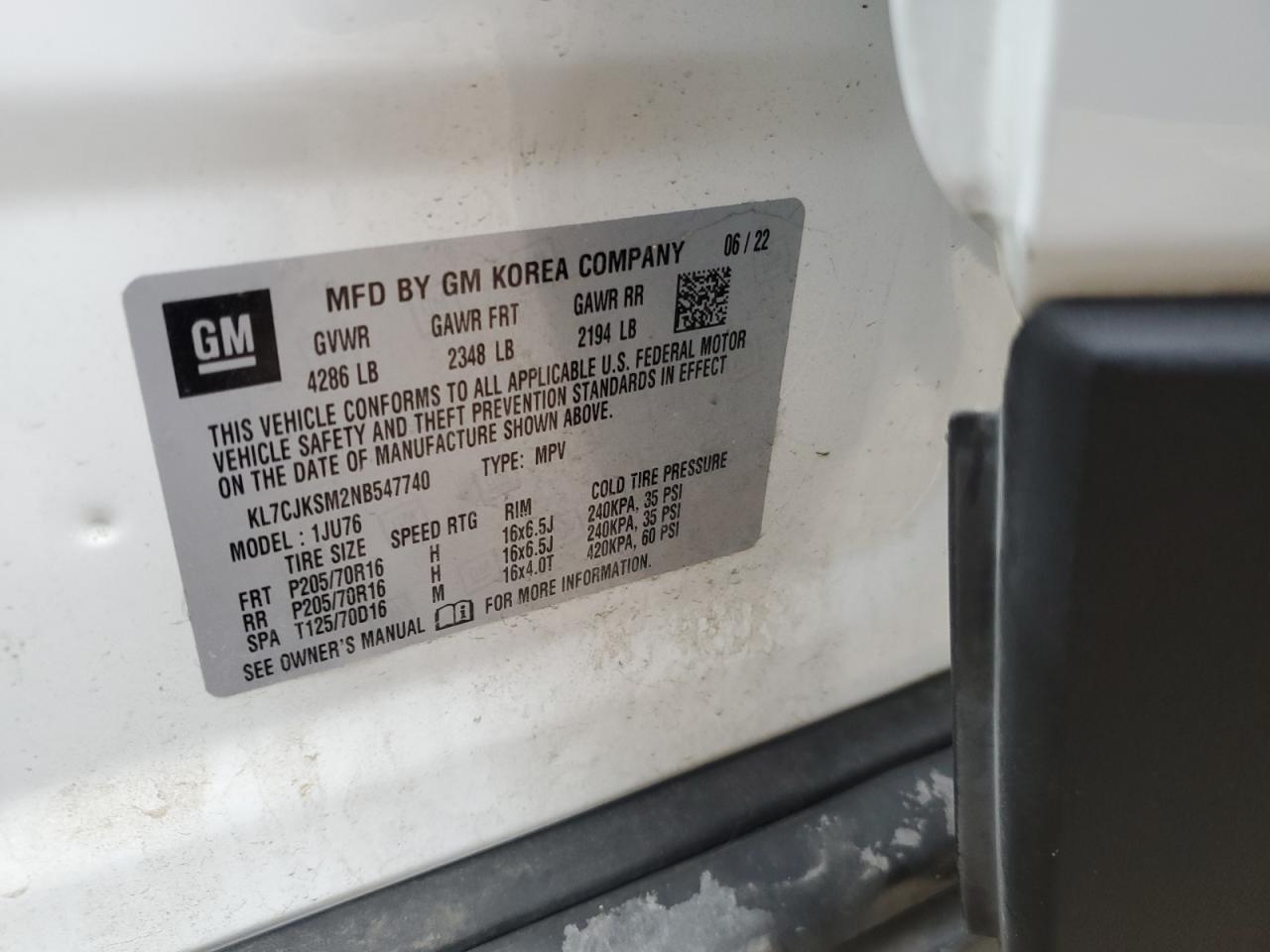 2022 CHEVROLET TRAX LS VIN:KL7CJKSM2NB547740