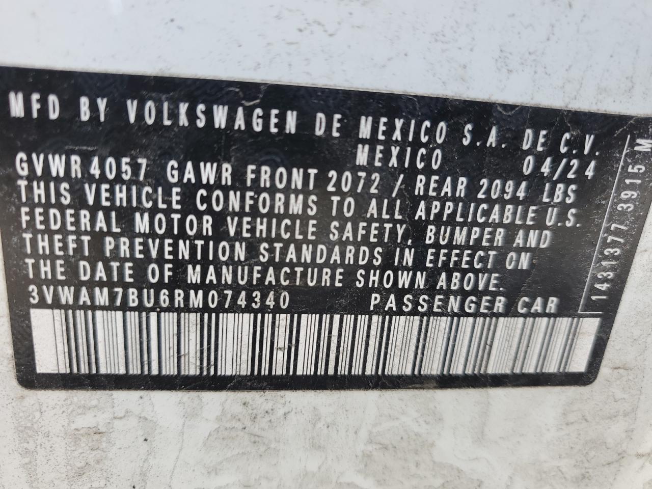 2024 VOLKSWAGEN JETTA SPORT VIN:3VWAM7BU6RM074340