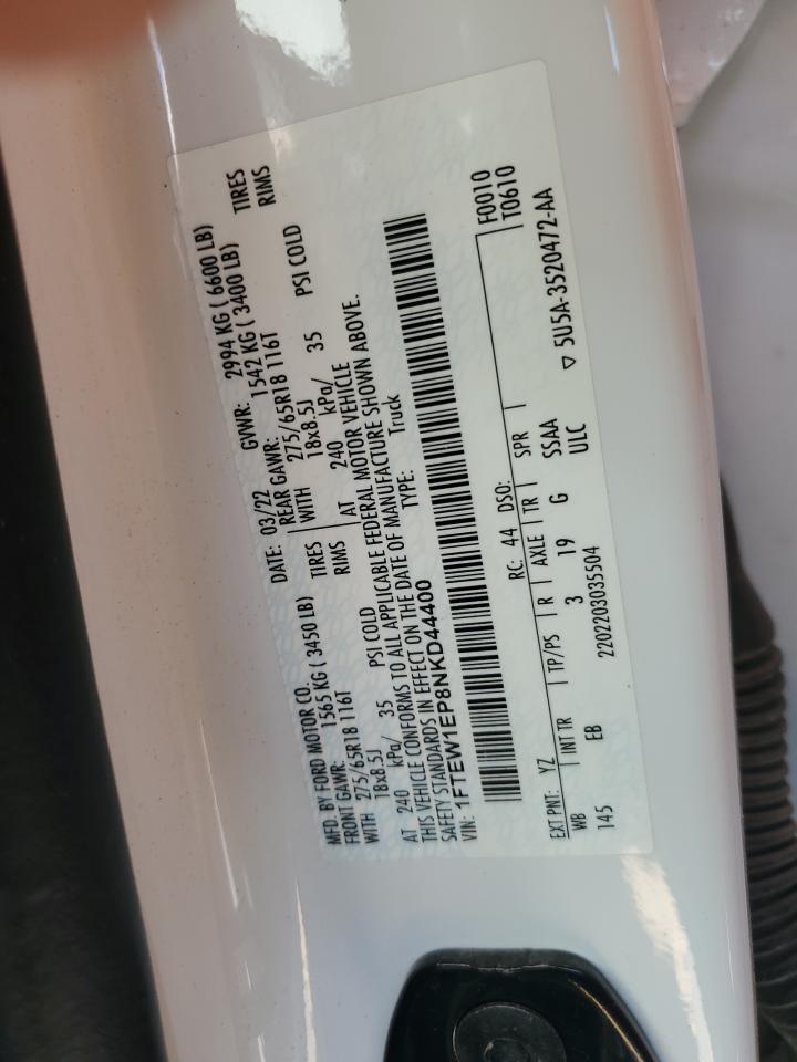 2022 FORD F150 SUPERCREW VIN:1FTEW1EP8NKD44400