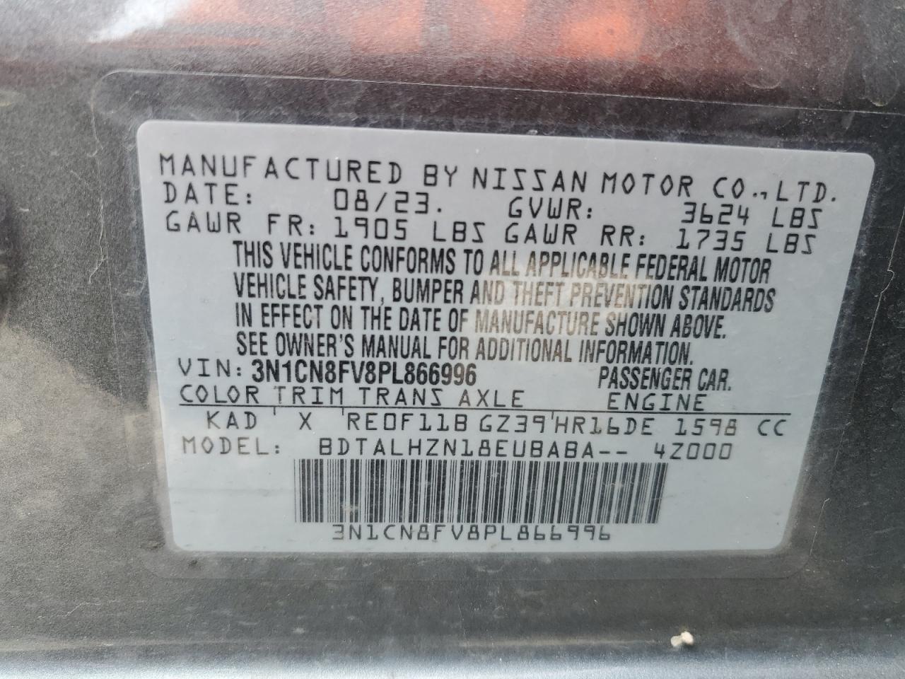 2023 NISSAN VERSA SR VIN:3N1CN8FV8PL866996