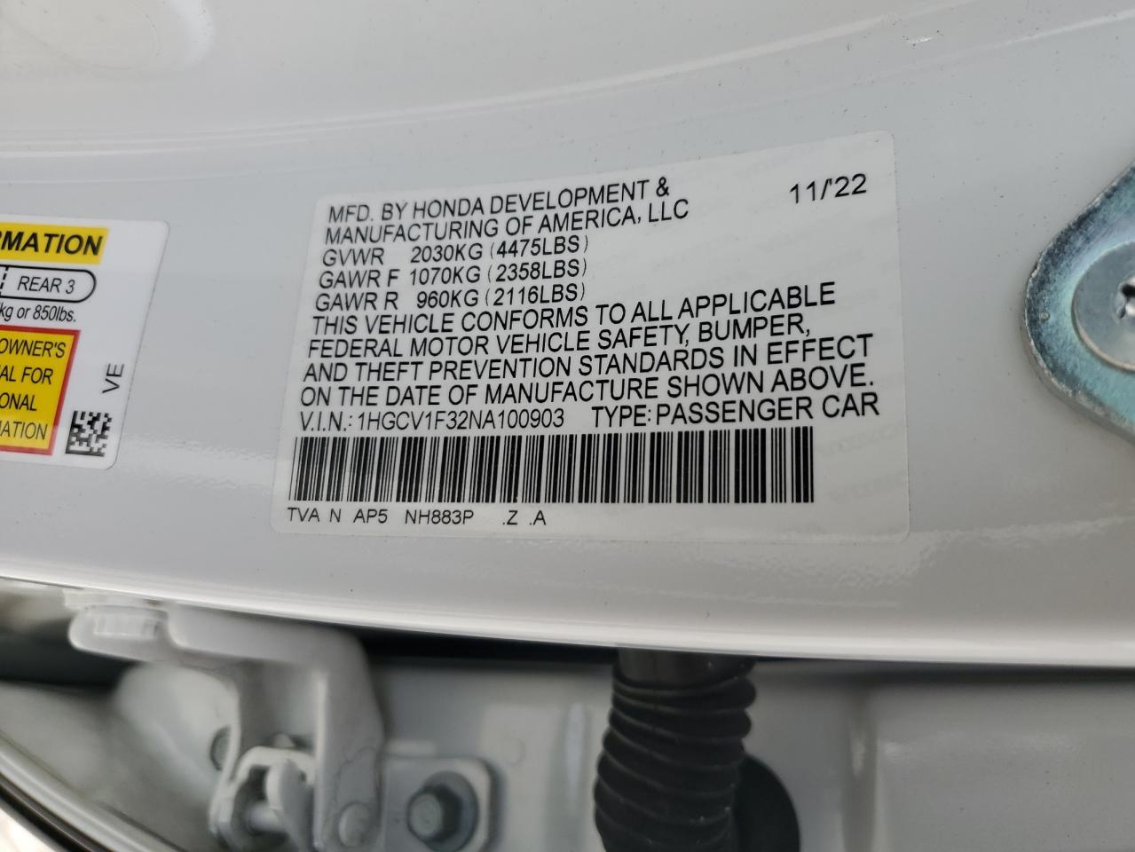 2022 HONDA ACCORD SPORT VIN:1HGCV1F32NA100903