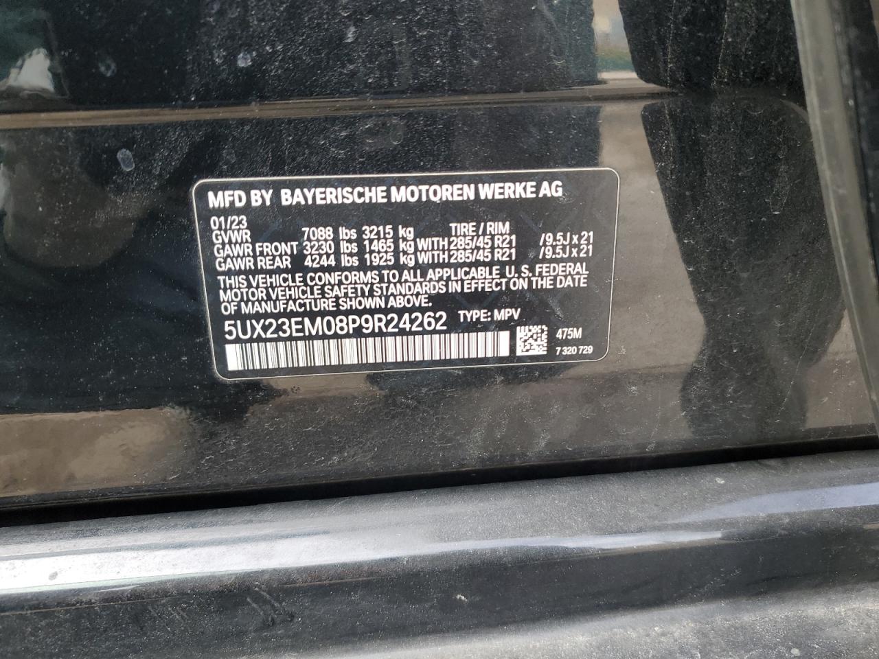 2023 BMW X7 XDRIVE40I VIN:5UX23EM08P9R24262