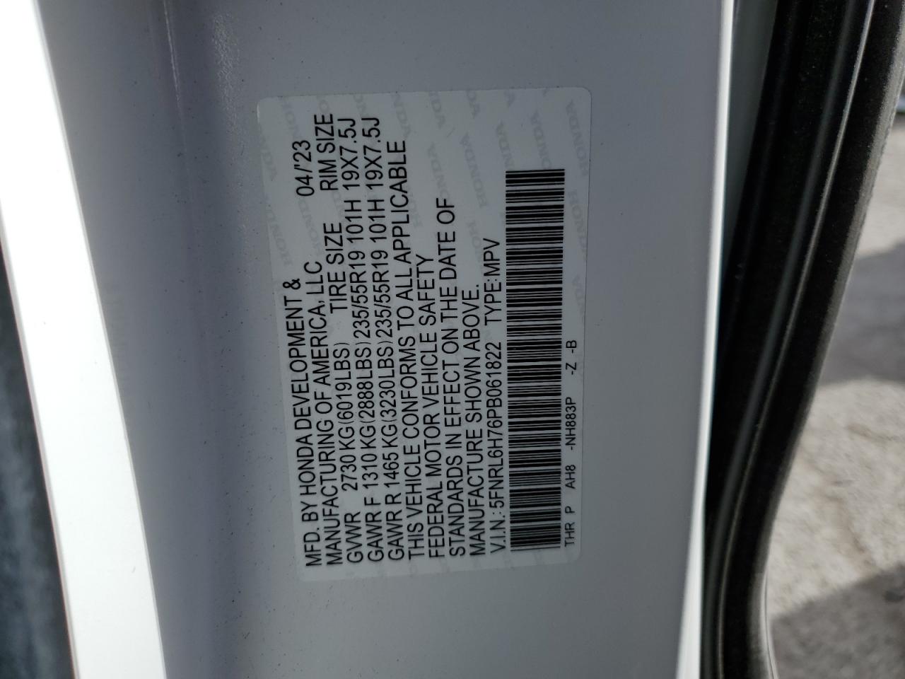 2023 HONDA ODYSSEY SPORT-L VIN:5FNRL6H76PB061822
