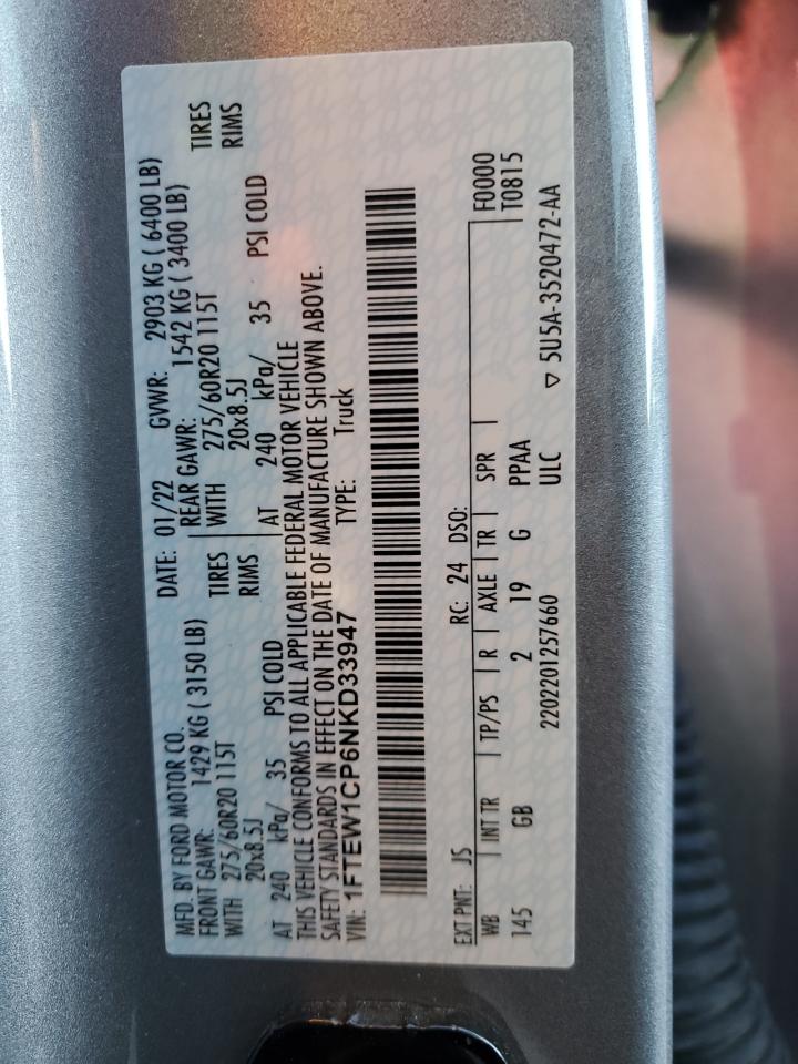 2022 FORD F150 SUPERCREW VIN:1FTEW1CP6NKD33947