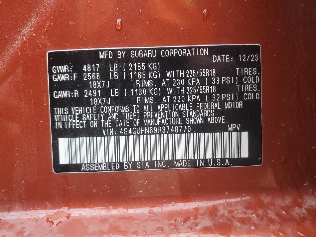 2024 SUBARU CROSSTREK LIMITED VIN:4S4GUHN69R3748770