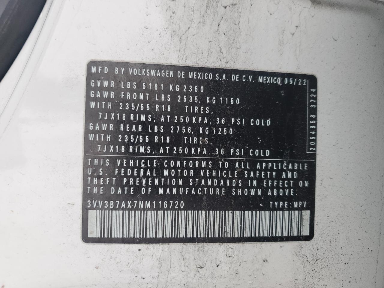 2022 VOLKSWAGEN TIGUAN SE VIN:3VV3B7AX7NM116720