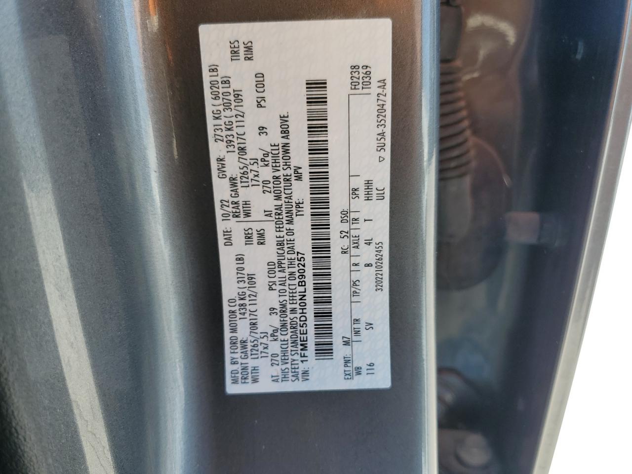 2022 FORD BRONCO BASE VIN:1FMEE5DH0NLB90257