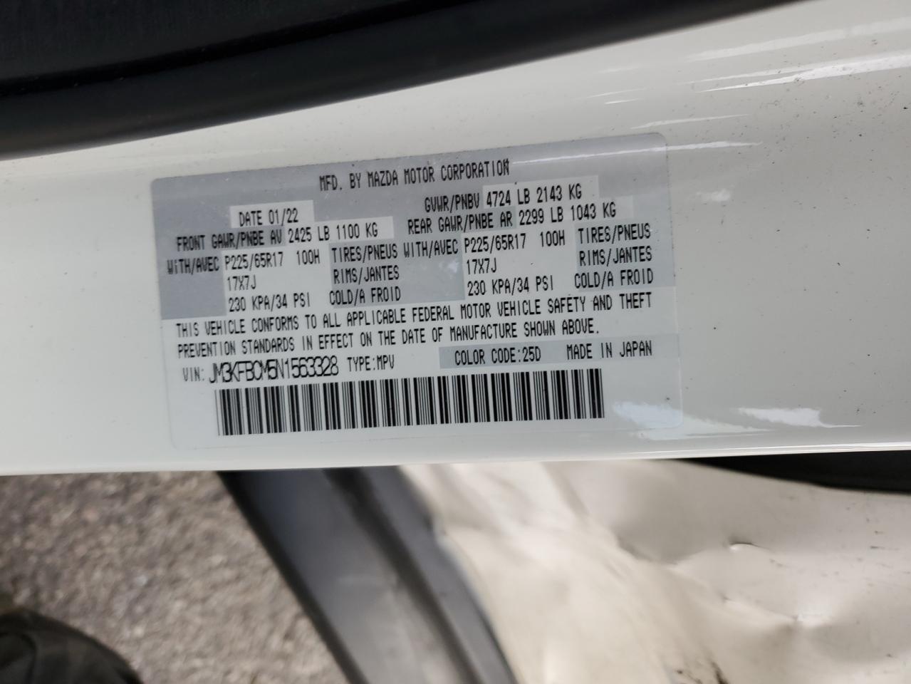 2022 MAZDA CX-5 PREFERRED VIN:JM3KFBCM5N1563328