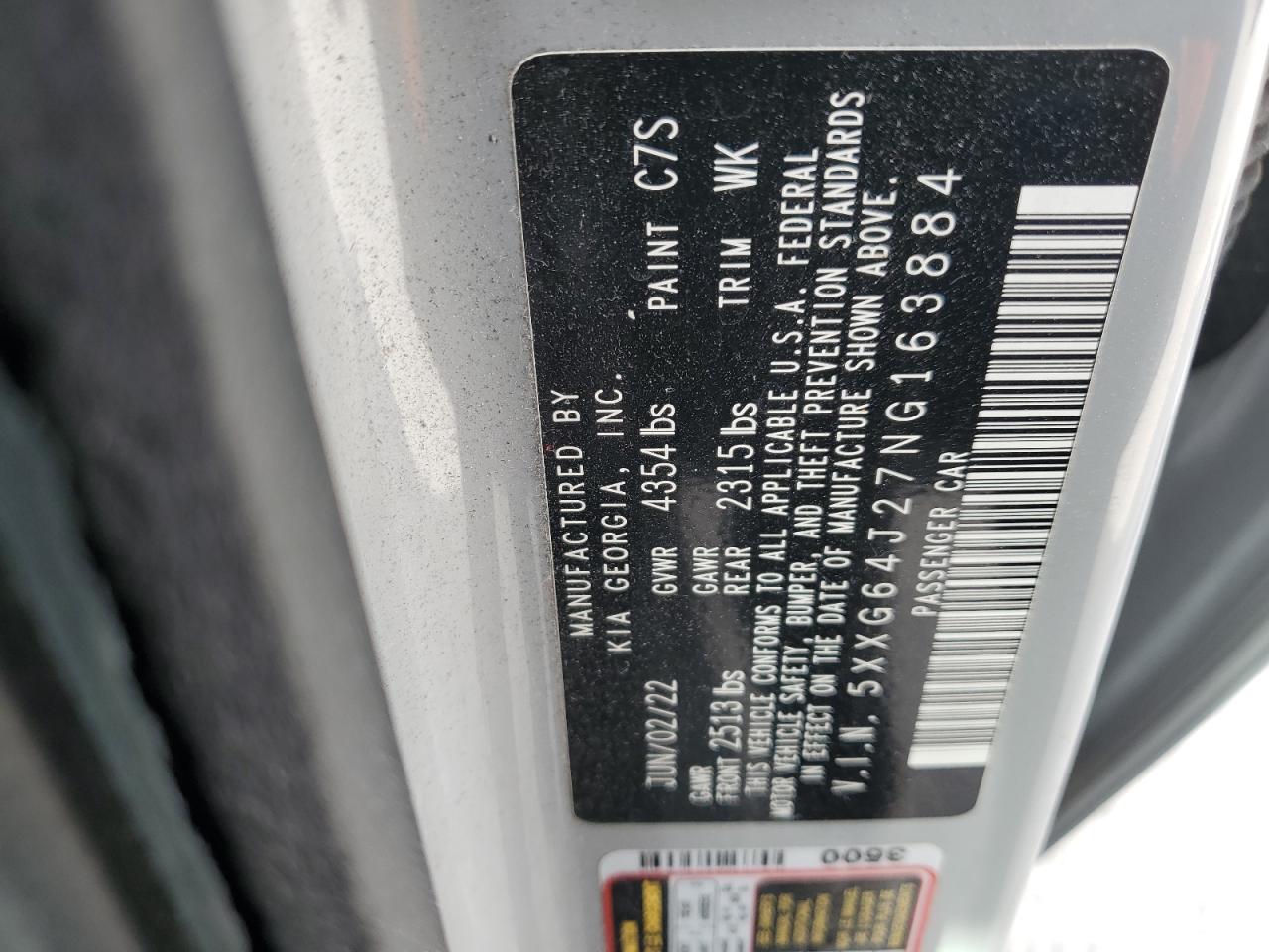 2022 KIA K5 GT LINE VIN:5XXG64J27NG163884