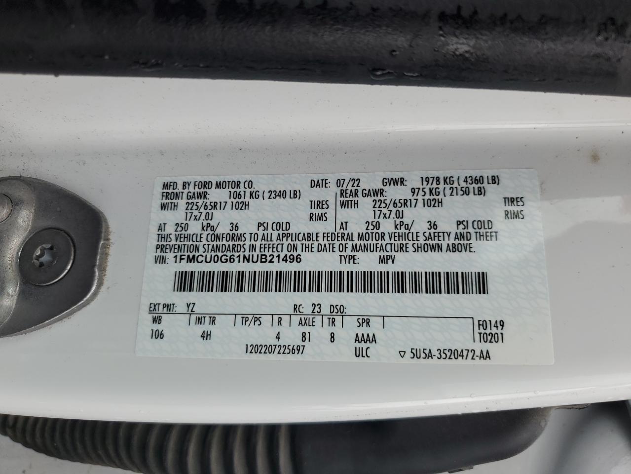 2022 FORD ESCAPE SE VIN:1FMCU0G61NUB21496