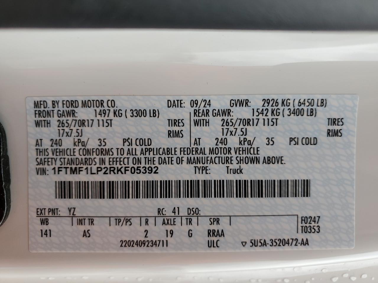 2024 FORD F150 XL VIN:1FTMF1LP2RKF05392