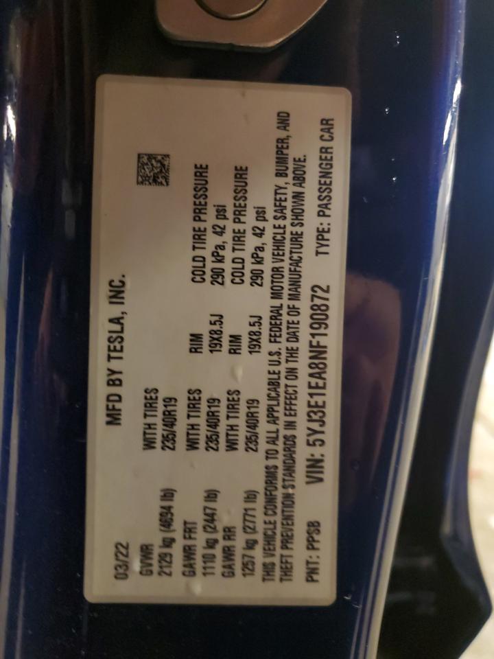2022 TESLA MODEL 3  VIN:5YJ3E1EA8NF190872