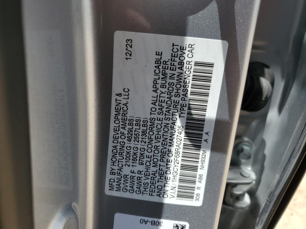 2024 HONDA ACCORD HYBRID EXL VIN:1HGCY2F68RA027405