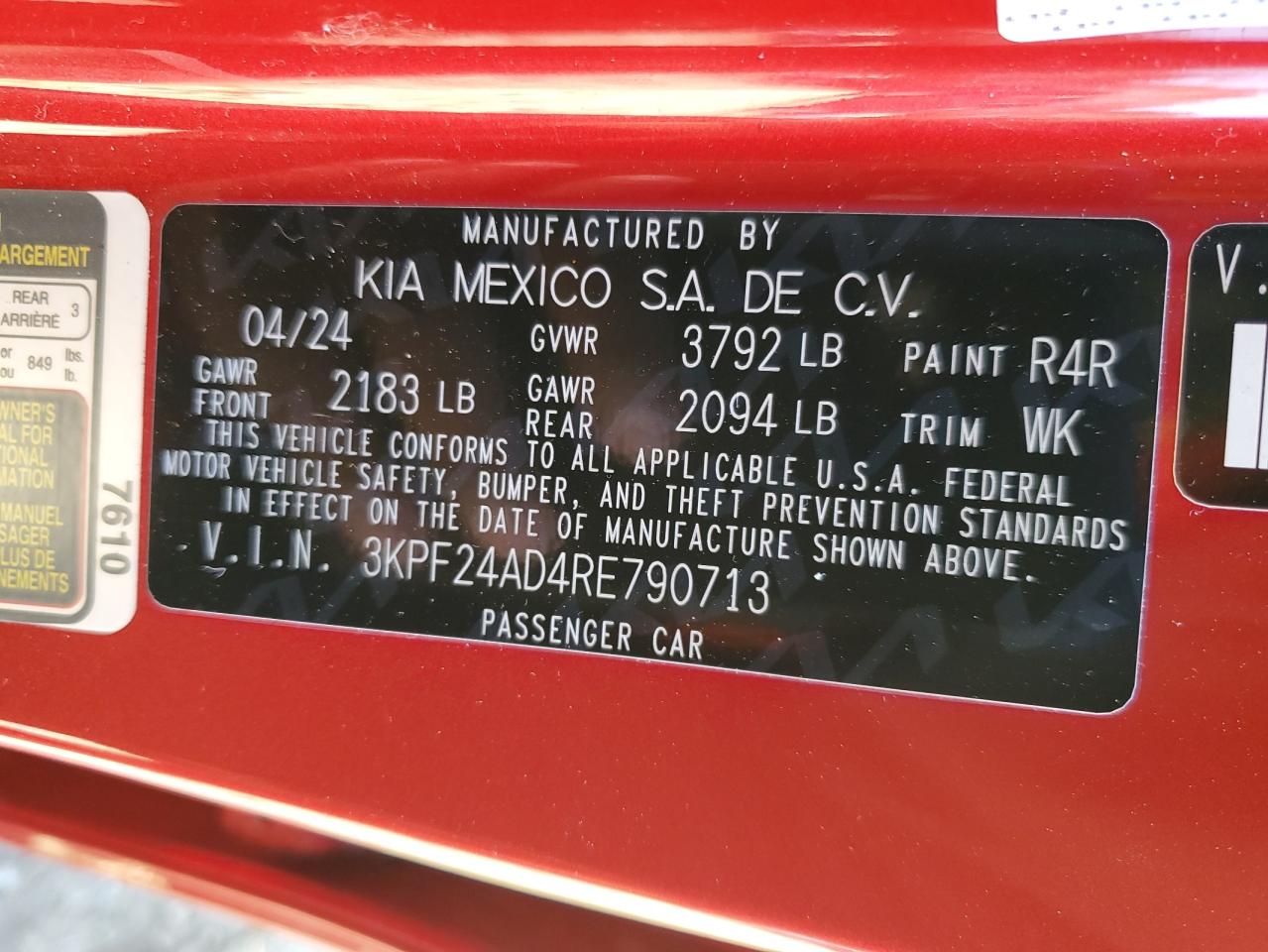 2024 KIA FORTE LX VIN:3KPF24AD4RE790713