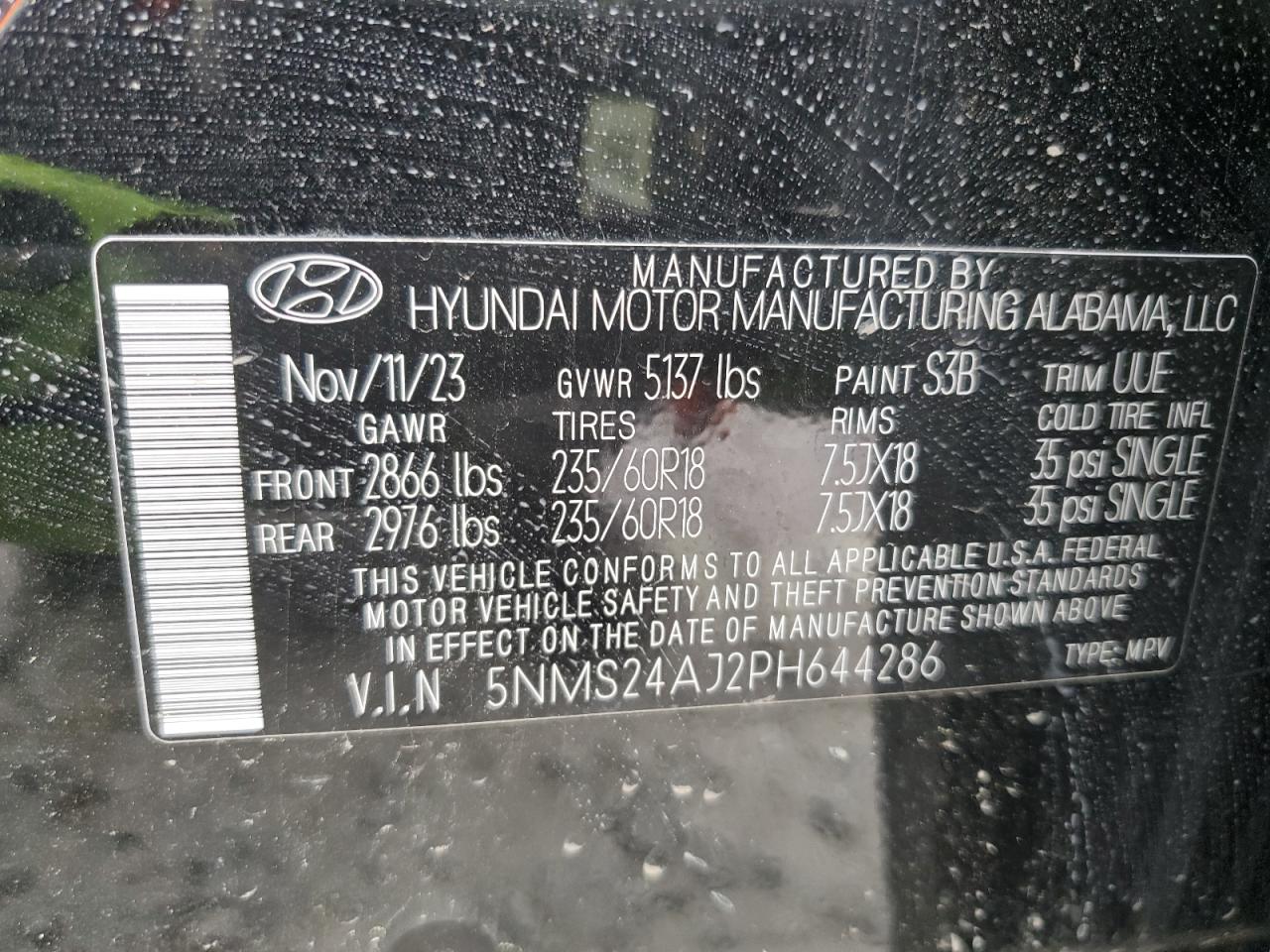 2023 HYUNDAI SANTA FE SEL VIN:5NMS24AJ2PH644286