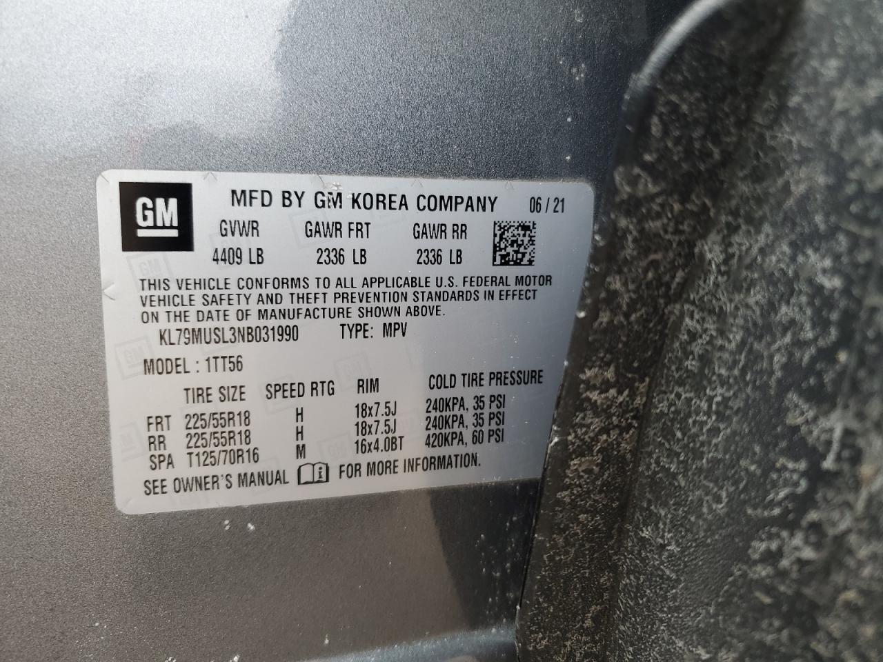 2022 CHEVROLET TRAILBLAZER RS VIN:KL79MUSL3NB031990