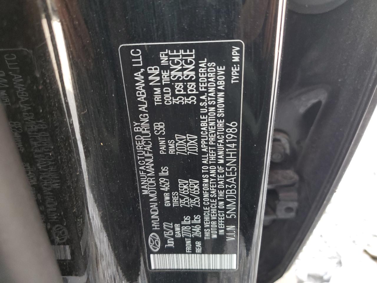 2022 HYUNDAI TUCSON SEL VIN:5NMJB3AE5NH141986
