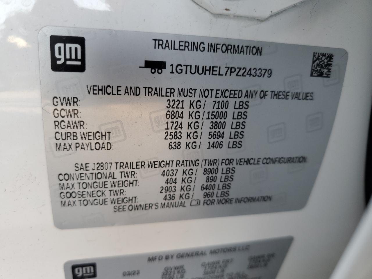 2023 GMC SIERRA K1500 DENALI ULTIMATE VIN:1GTUUHEL7PZ243379